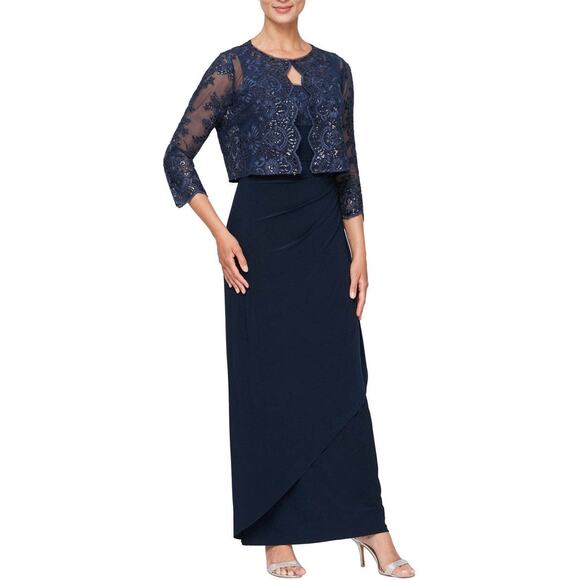 NEW NWT Alex Evenings Maxi Dress with Embroidered Bolero size 10 Navy - Picture 1 of 8